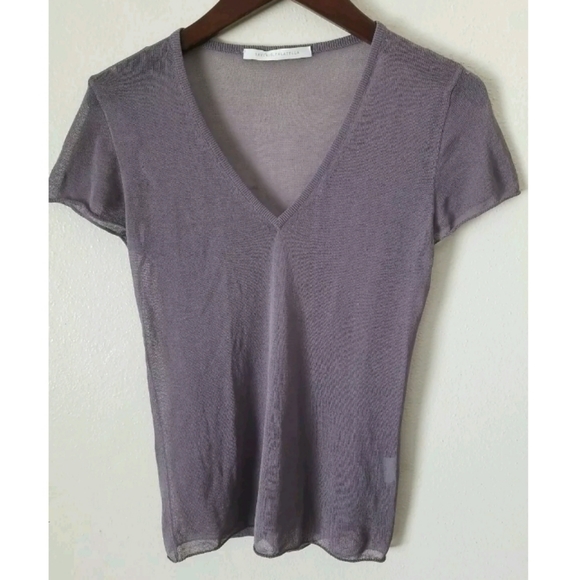Saverio Palatella Short Sleeve V Neck Sheer Purple‎ Knit Pullover Top Size 42 - Picture 1 of 8